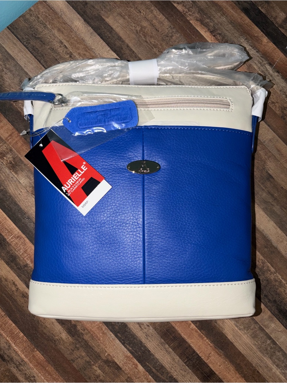 Aurielle Blue and White Leathee Crossbody Bag NWT